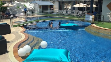Outdoor pool, pool umbrellas, pool loungers
