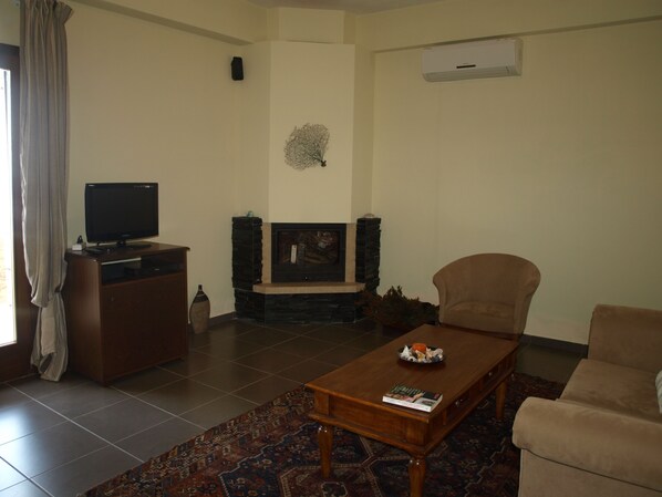A living room with a television, fireplace, sofa, coffee table, and a rug.