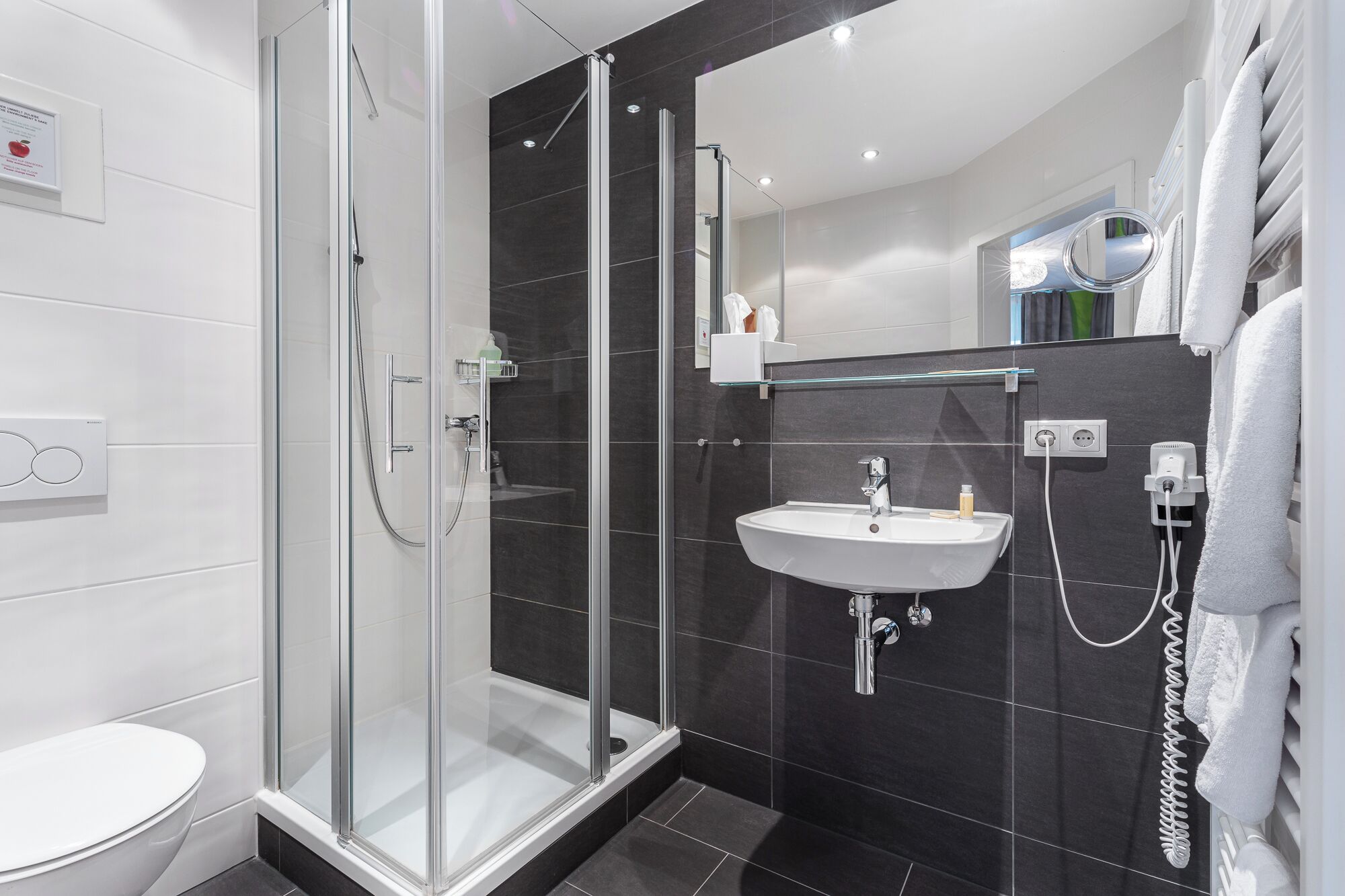 A modern bathroom with a glass-enclosed shower, a white sink, and a mirror above the sink.
