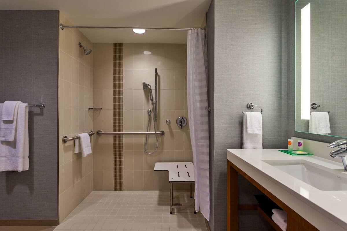 room, 1 king bed, accessible (shower) | bathroom | designer toiletries, hair dryer, towels