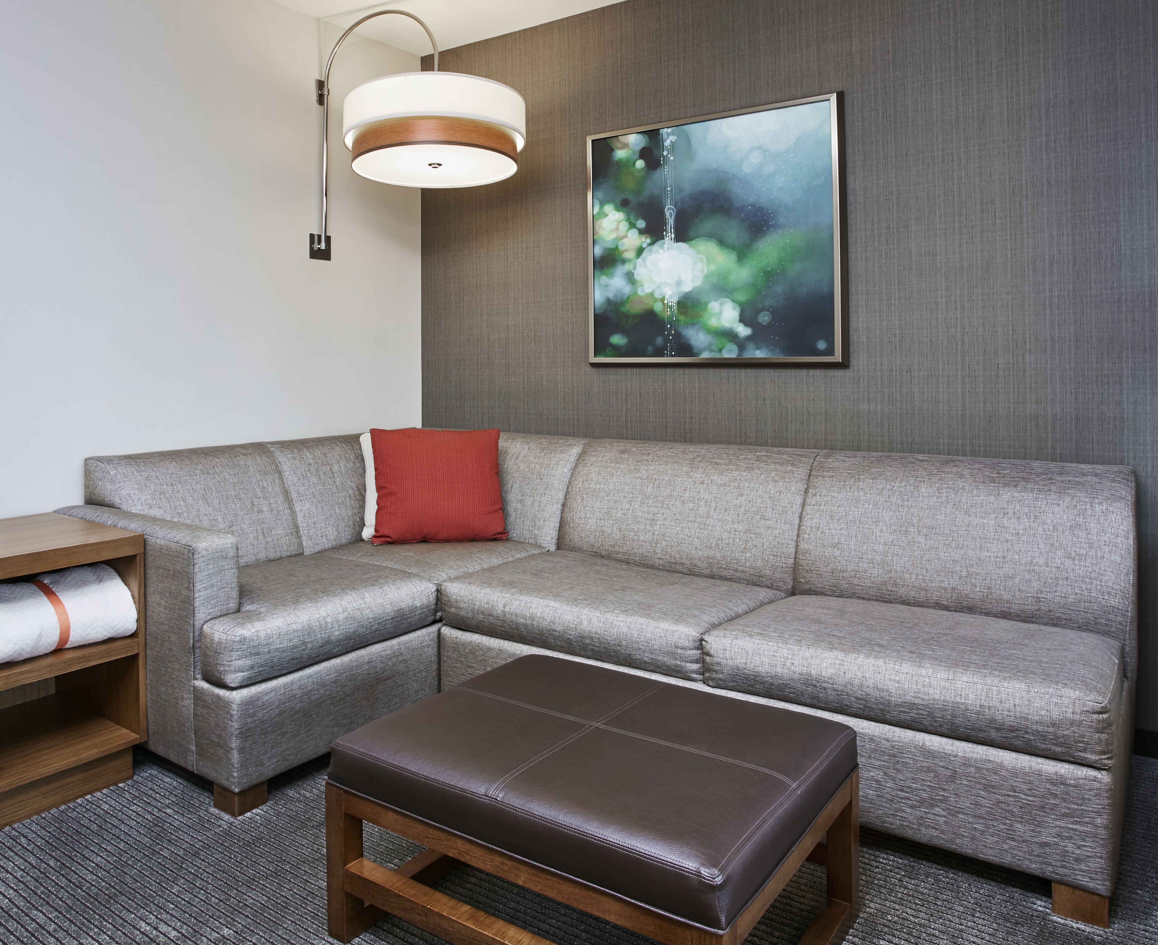 hypo-allergenic bedding, desk, laptop workspace, blackout curtains