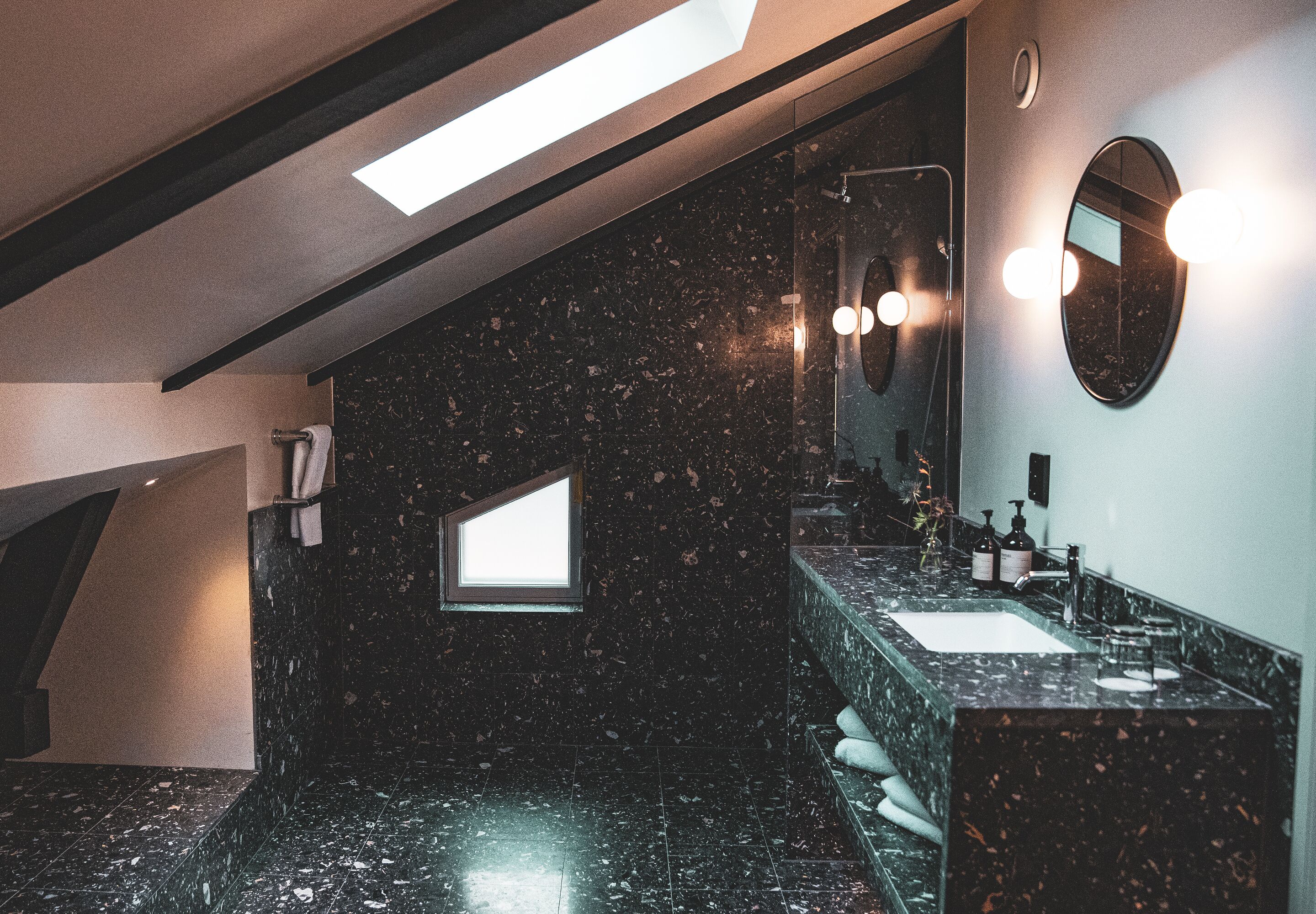 designer toiletries, hair dryer, heated floors, towels