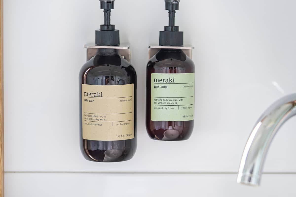 Designer toiletries, hair dryer, heated floors, towels