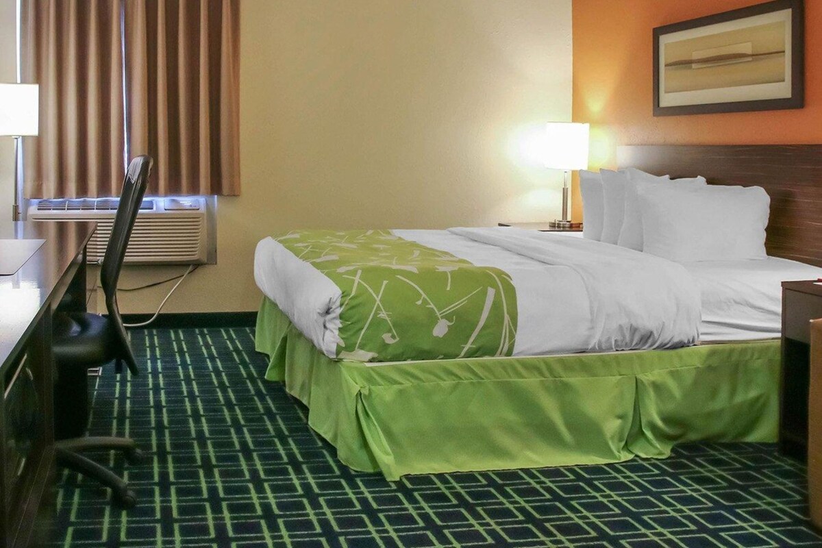 Una habitación de hotel con cama, escritorio, silla, lámpara y ventana con cortinas.