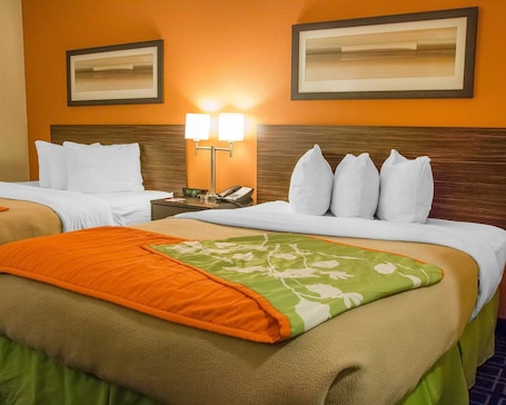 Standard Room, 2 Queen Beds, Non Smoking | Pillowtop beds, desk, iron/ironing board, travel crib