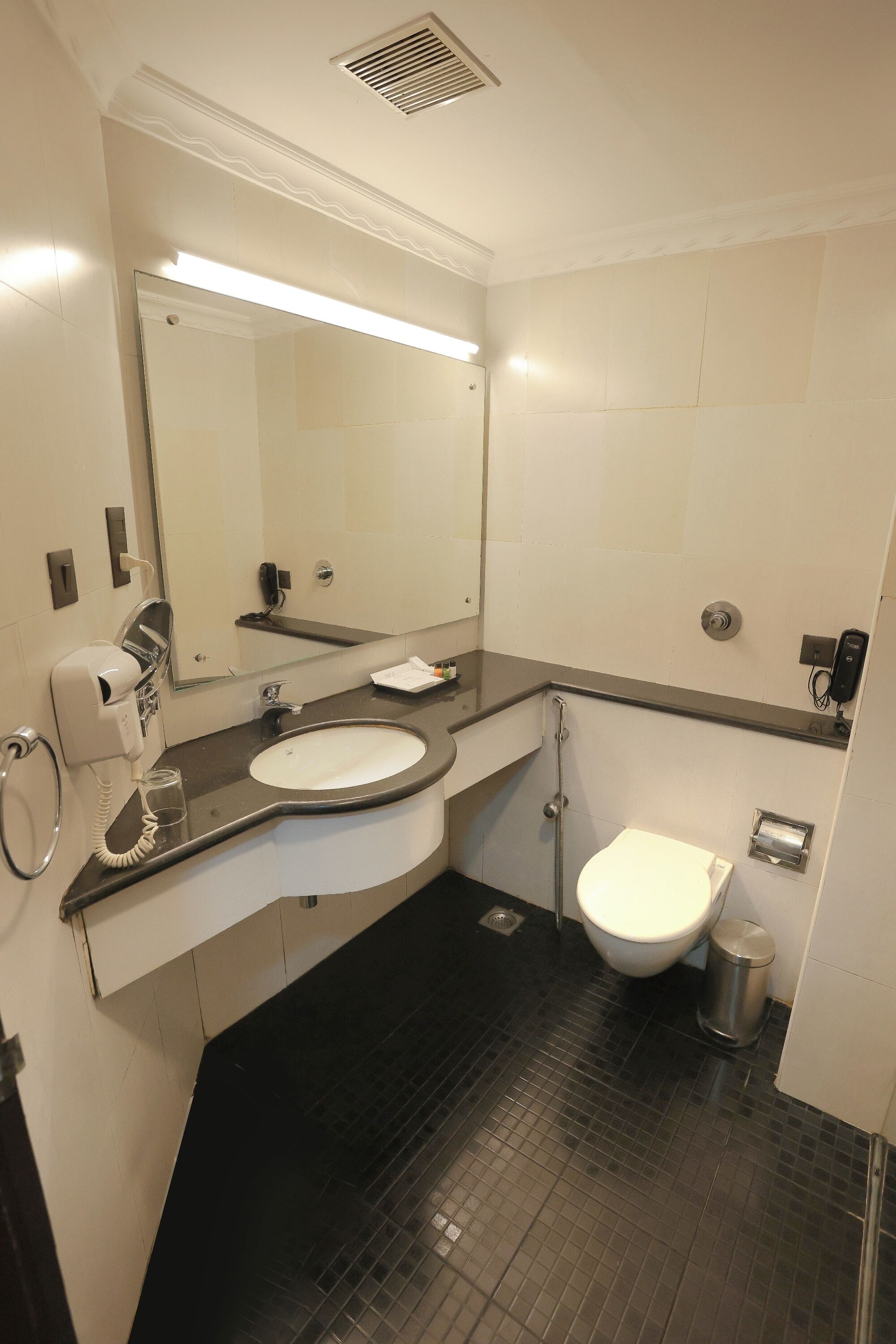Un baño moderno con lavamanos, espejo, inodoro y secador de pelo.