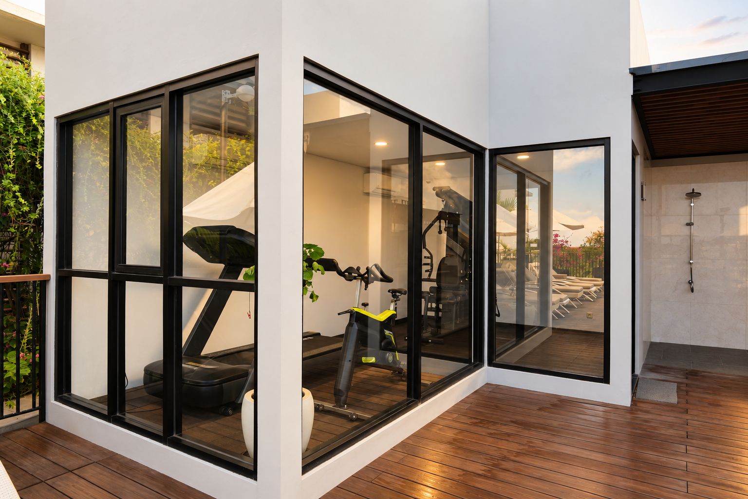 Un intérieur moderne doté d’une salle de sport, d’appareils d’exercice et offrant une vue sur l’espace extérieur.