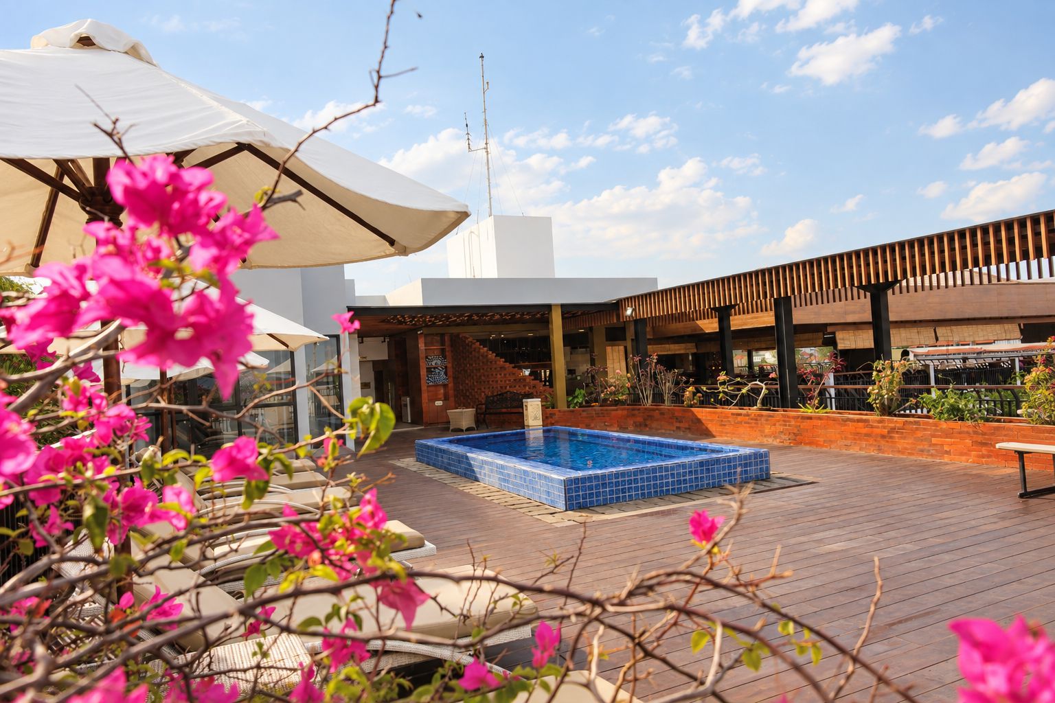 A rooftop pool area with a blue pool, surrounded by wooden decking and pink flowers.