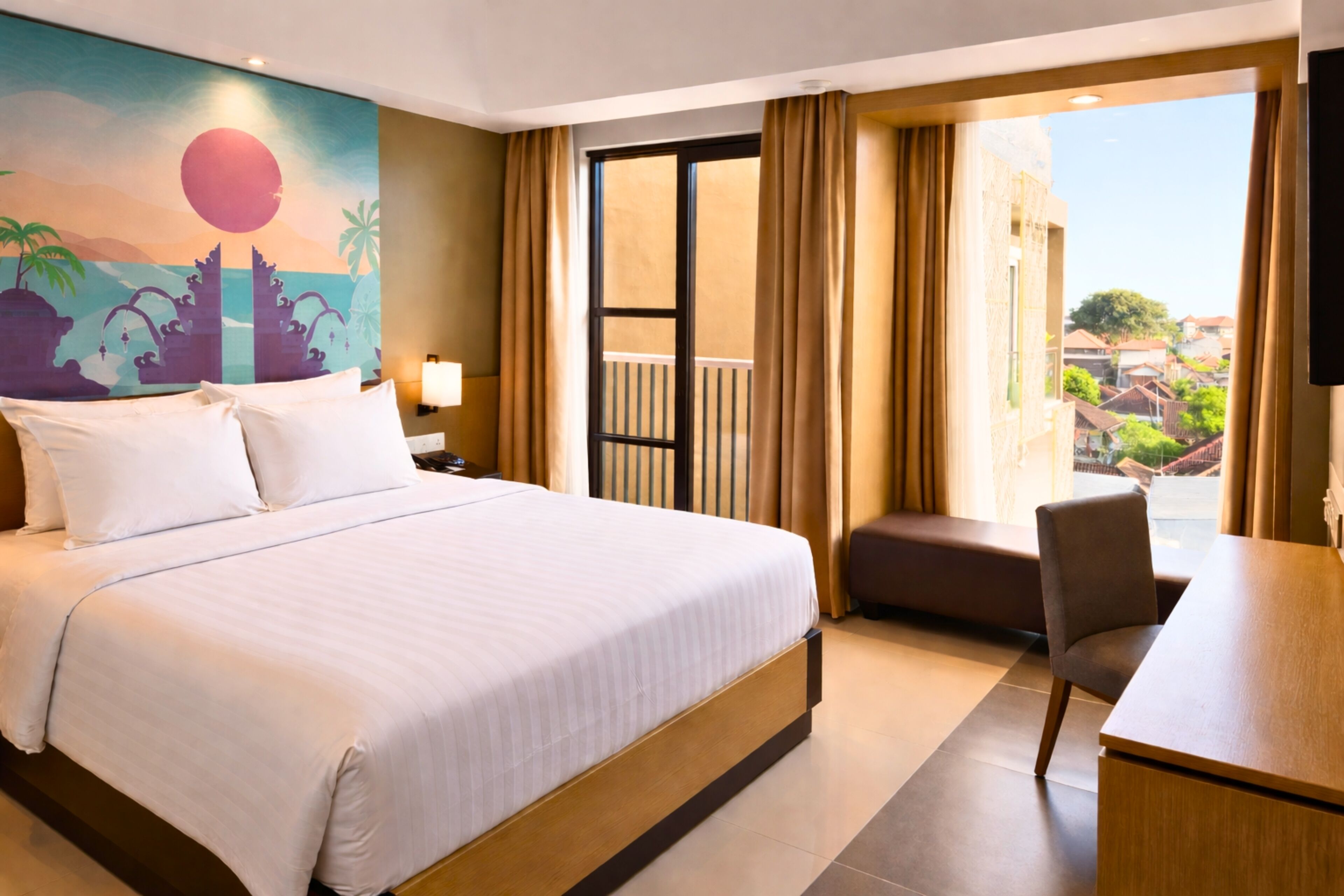 Une chambre d’hôtel avec un lit, un bureau, une chaise, un balcon avec des rideaux et un tableau au mur.