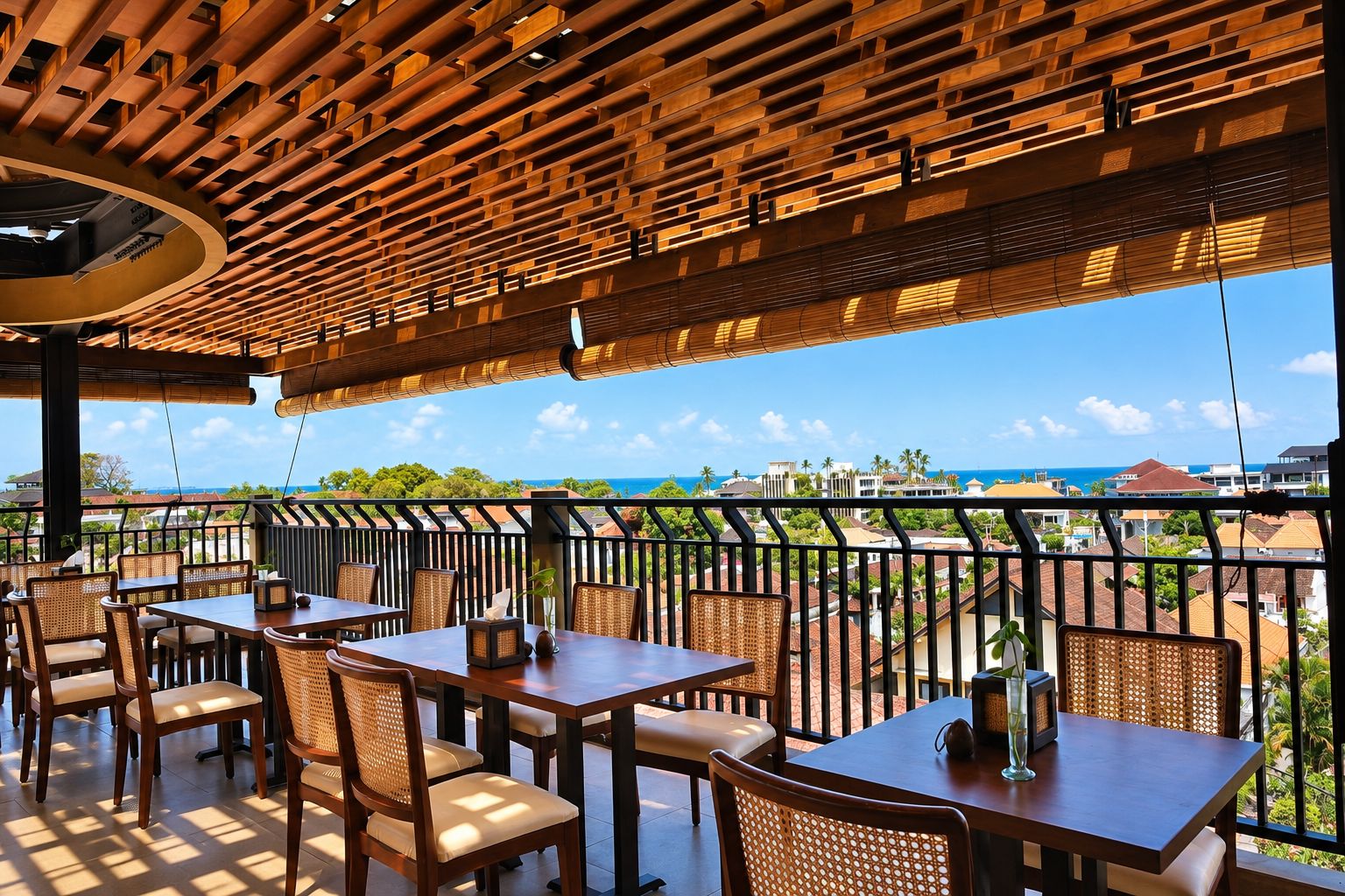 An outdoor dining area with tables and chairs, overlooking a coastal view.