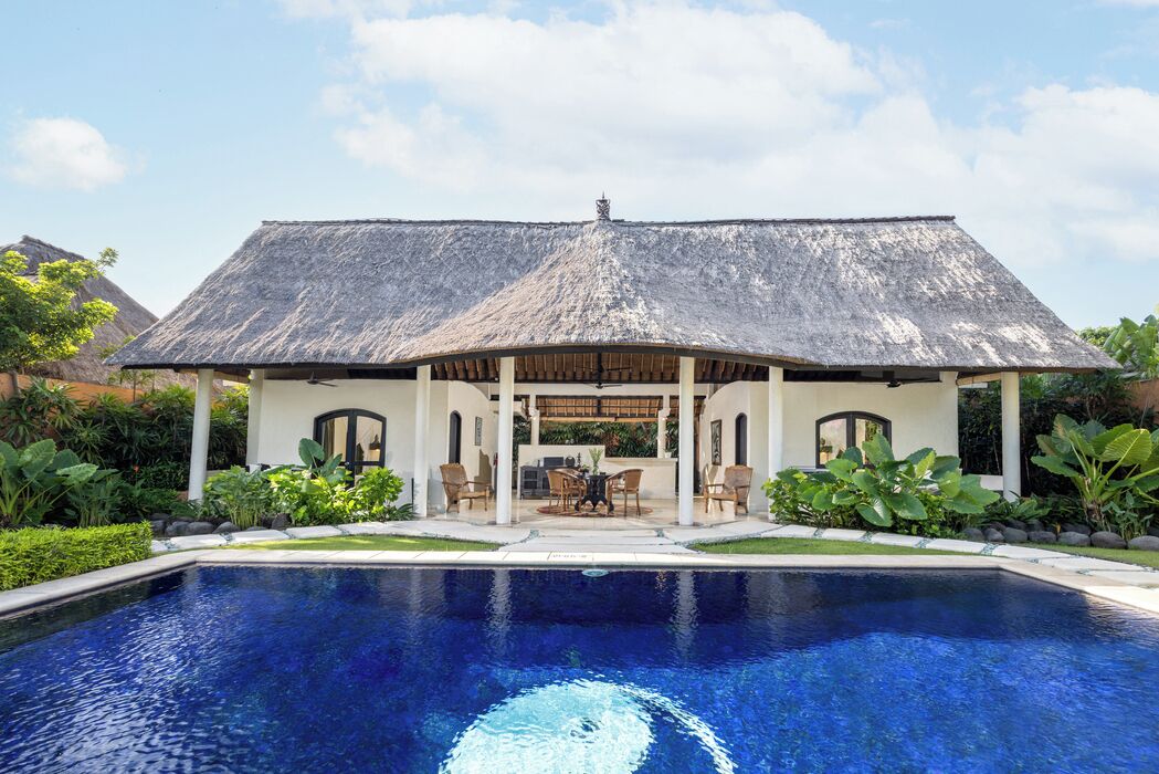 Un espace aménagé au bord de la piscine, avec une structure à toit de chaume, une piscine et une végétation luxuriante tout autour.