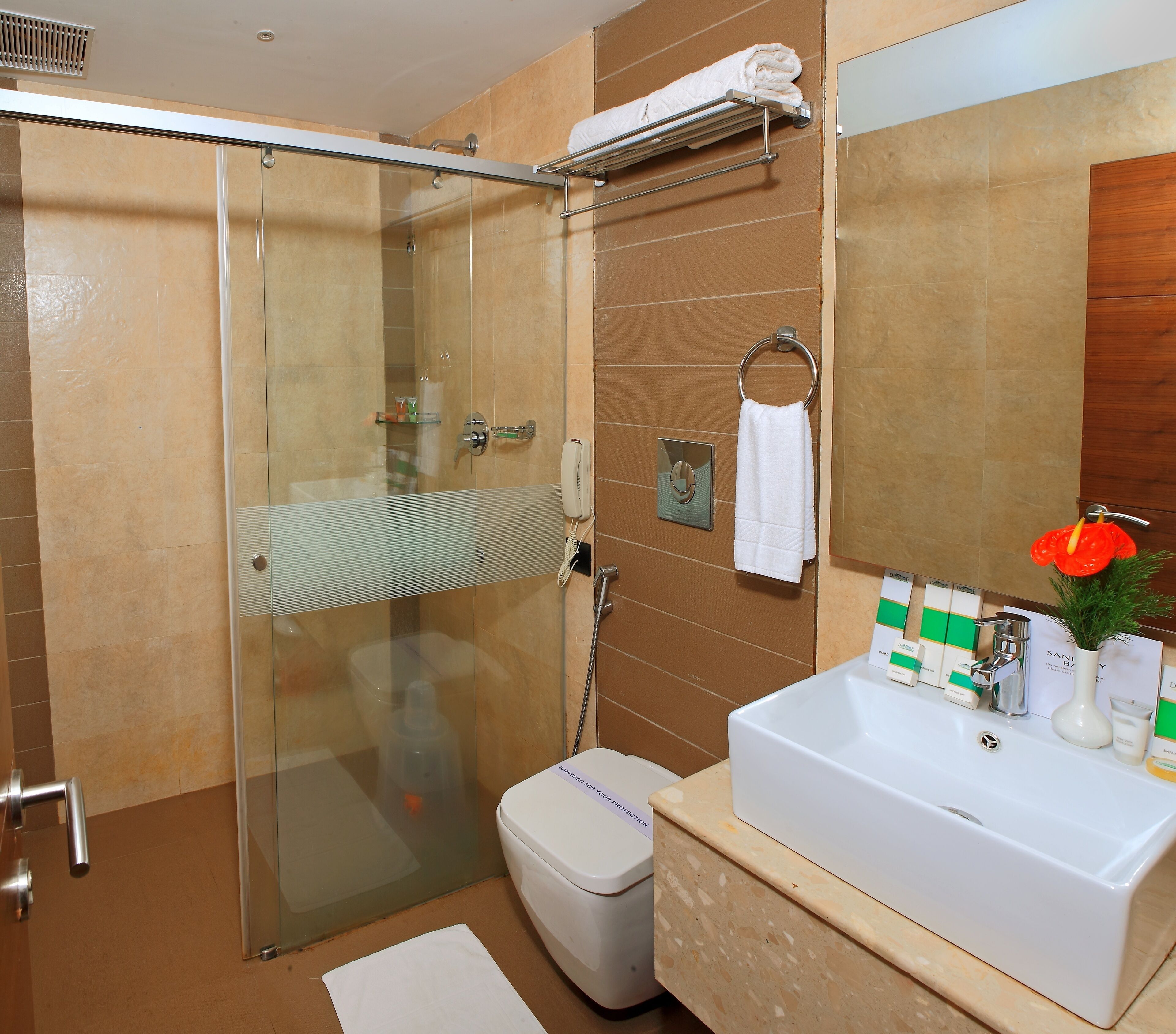 A modern bathroom with a glass-enclosed shower, a white sink with a mirror, and toiletries.