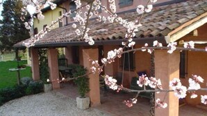 A covered outdoor area with a pergola, a gravel path, and a building with a tiled roof in the background. - Agriturismo Borg da Ocjs (Cormons)