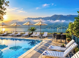 Área de piscina com espreguiçadeiras, guarda-sóis e vista para um lago e montanhas.