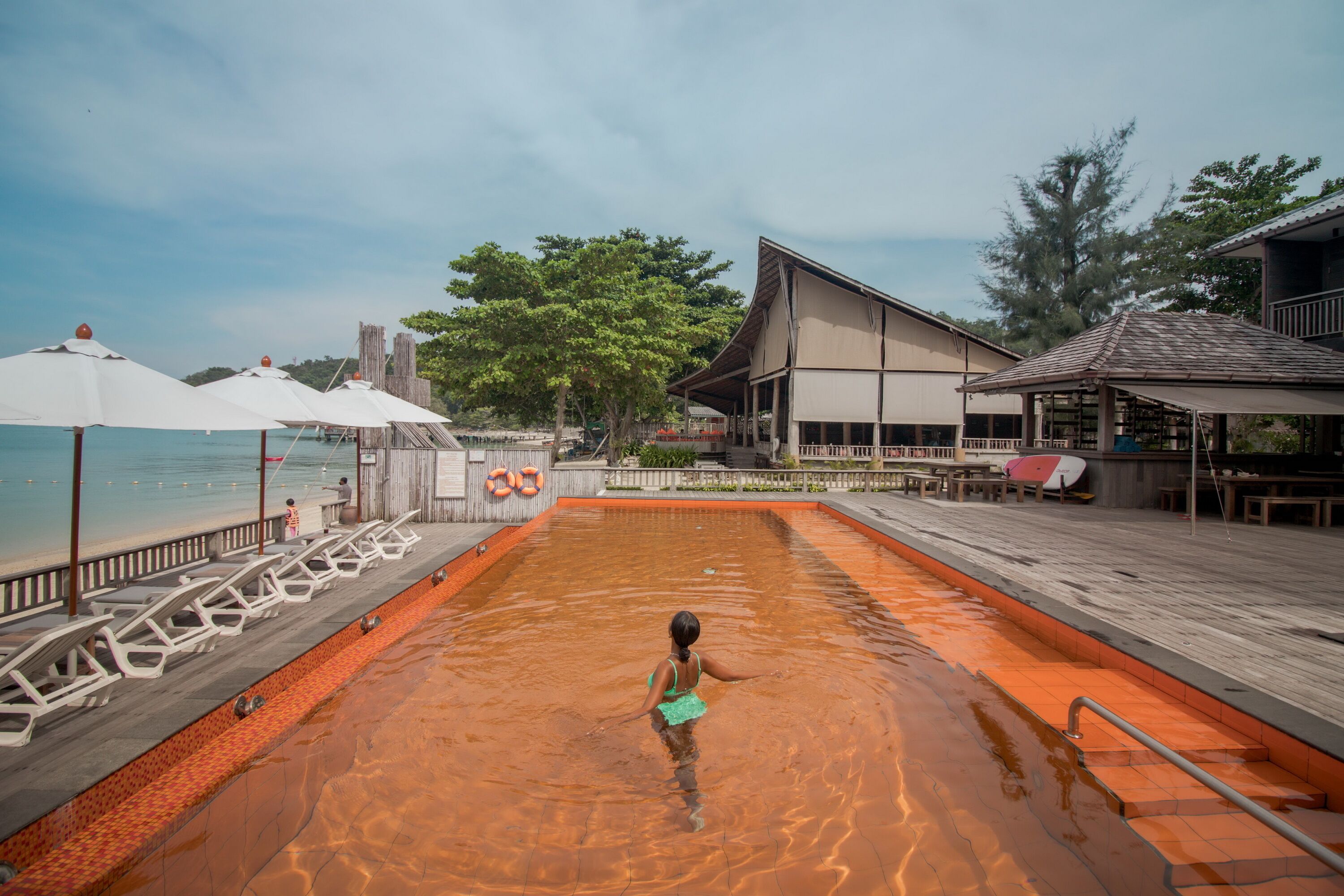 outdoor pool, pool loungers