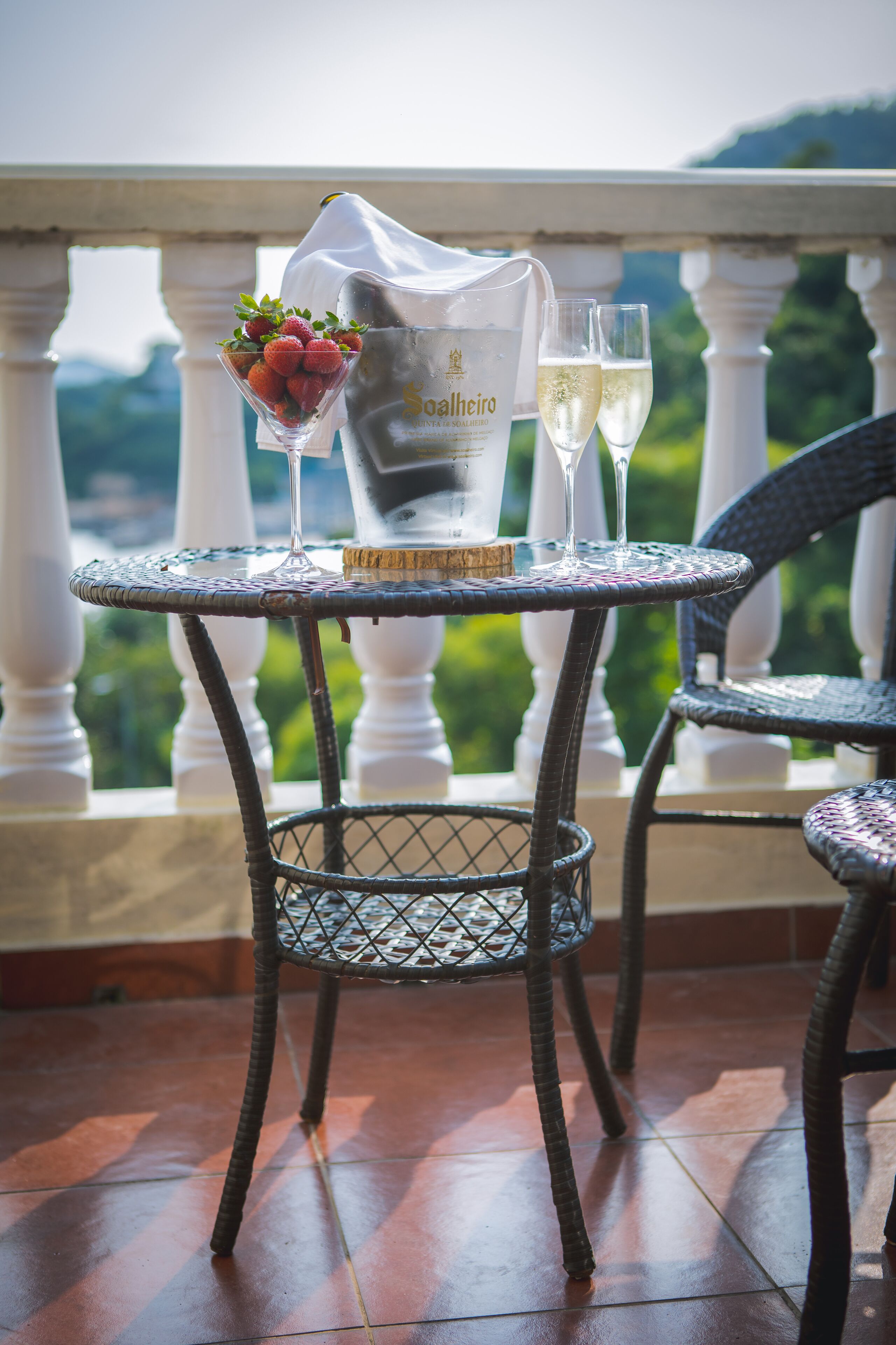 A table with a bottle of Soalheiro, two glasses of white wine, and a martini glass with strawberries on a balcony with a view of greenery.