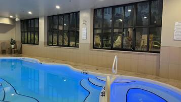 Indoor pool, open 8:00 AM to 10:00 PM, sun loungers