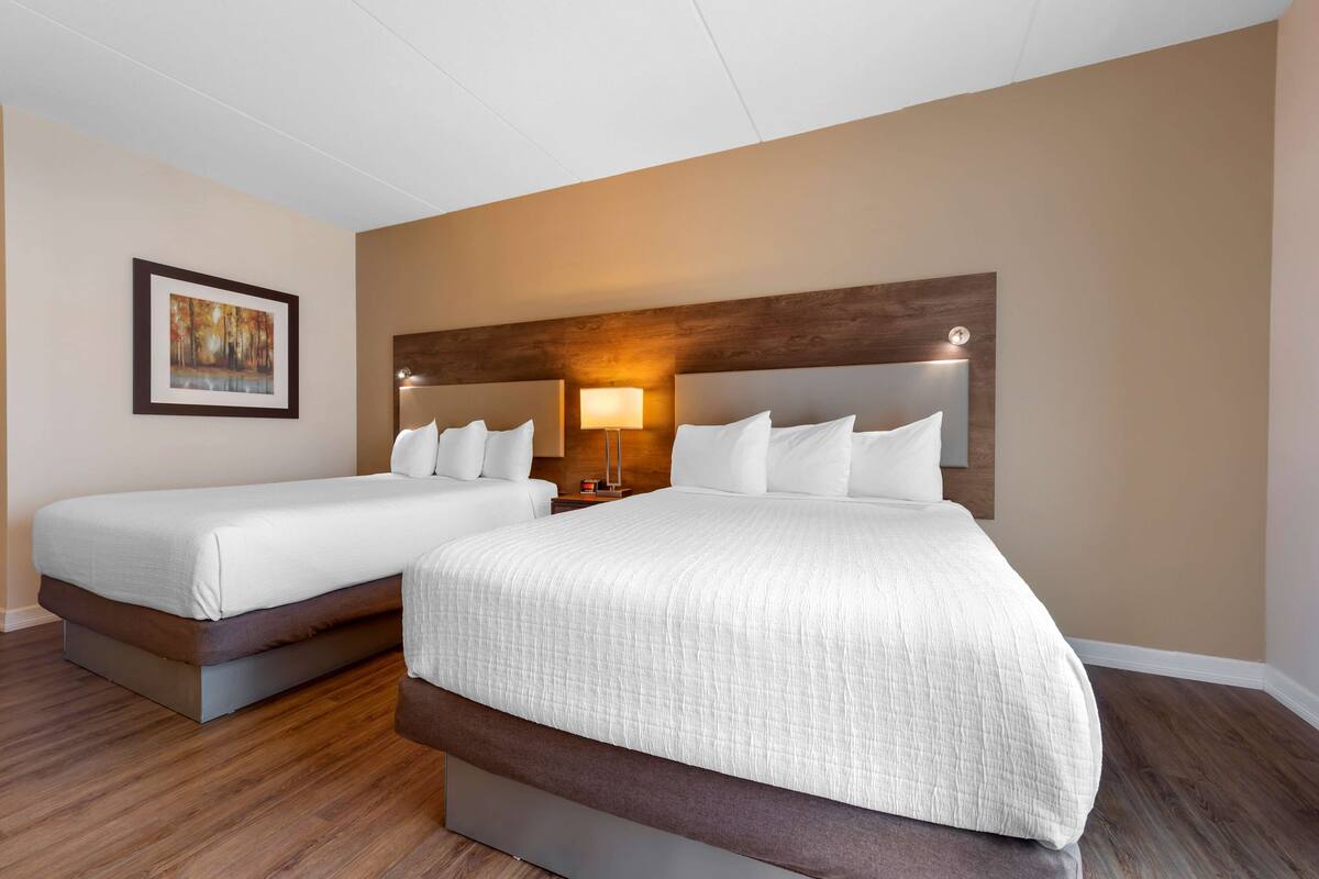 Habitación de hotel con dos camas, un cabecero de madera, un cuadro enmarcado en la pared y una mesita de noche con una lámpara.