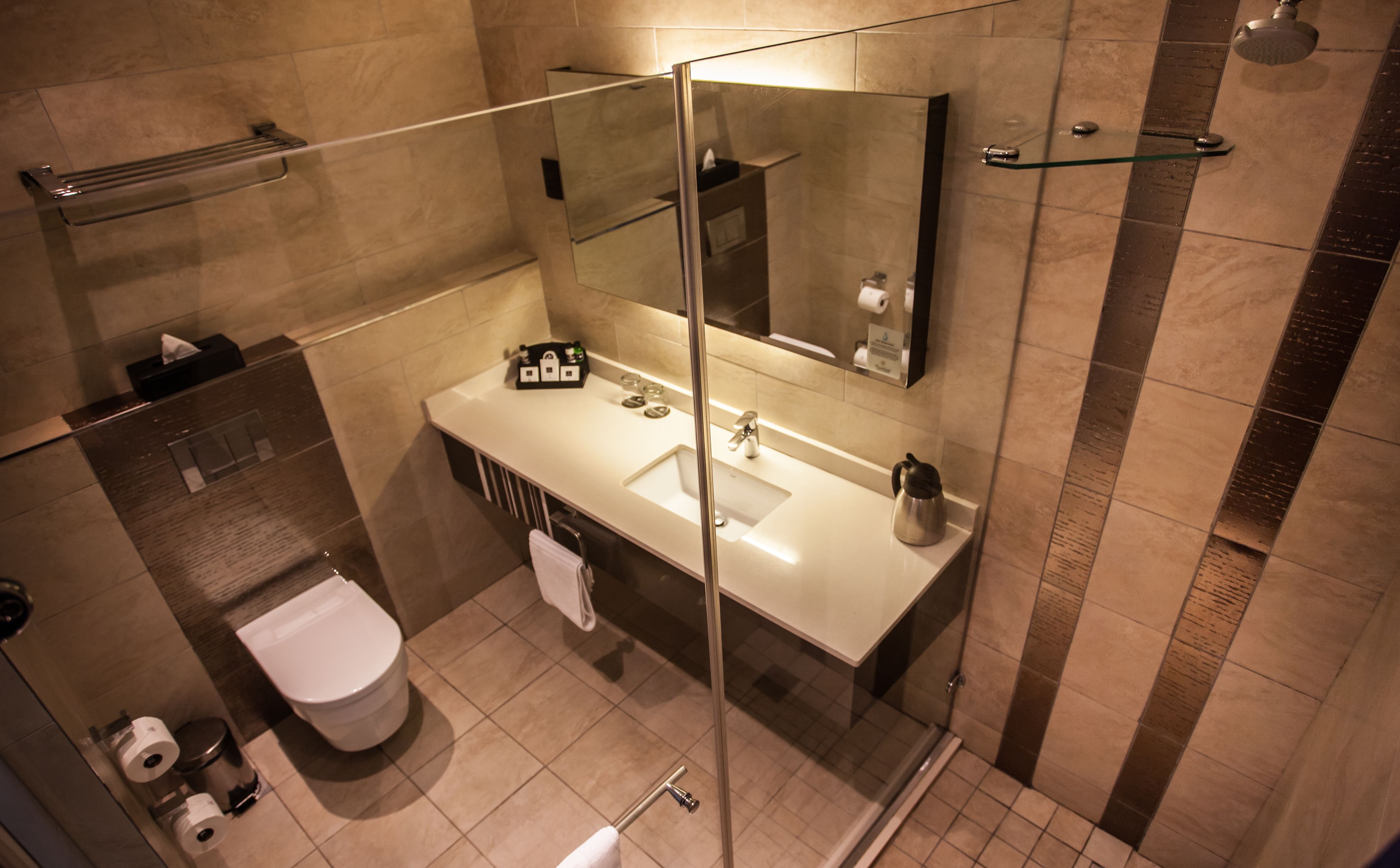 Un baño moderno con ducha de vidrio, un lavamanos blanco y un inodoro.