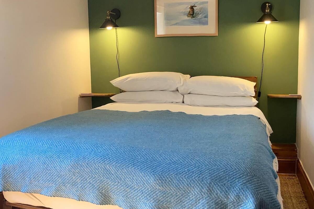 A bedroom with a wooden bed frame, a blue and white bedspread, green walls, and two bedside lamps.