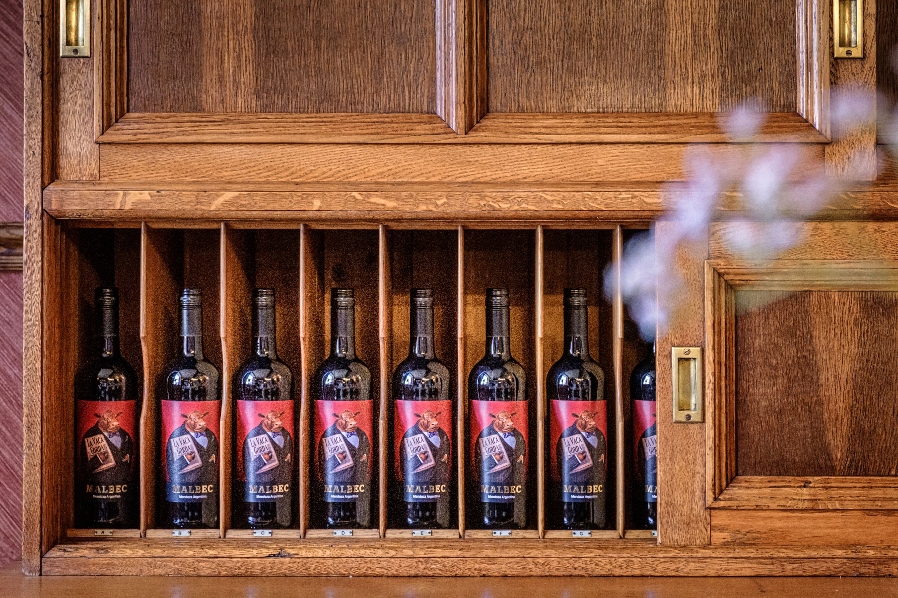 Ein Holzkabinett mit mehreren Flaschen Malbec-Wein.