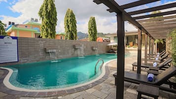 Indoor pool, outdoor pool, pool loungers