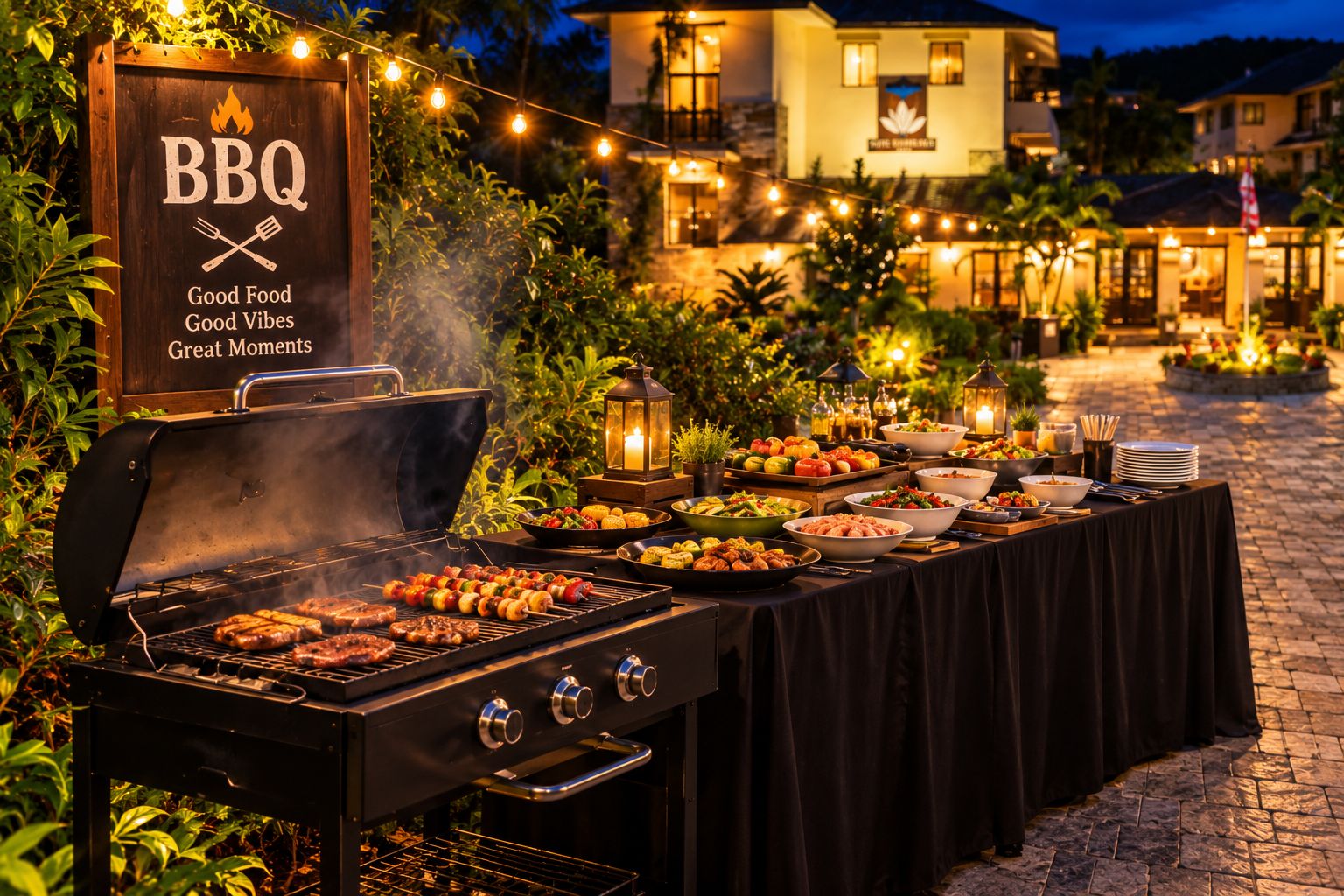 An outdoor BBQ setup with a grill, skewers, and a variety of dishes on a table, surrounded by string lights and a building in the background.