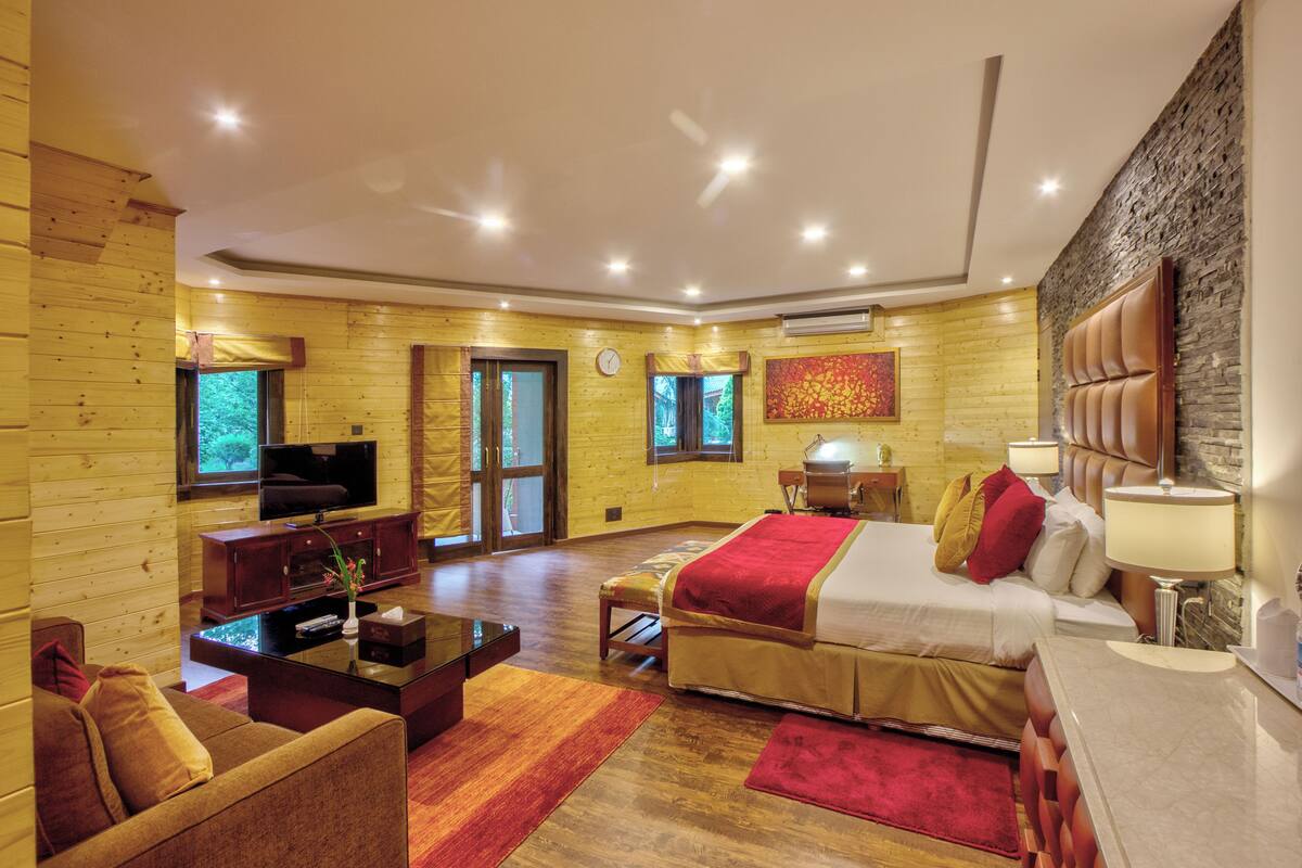 Une pièce spacieuse avec un grand lit, une télévision et un décor intérieur en bois.