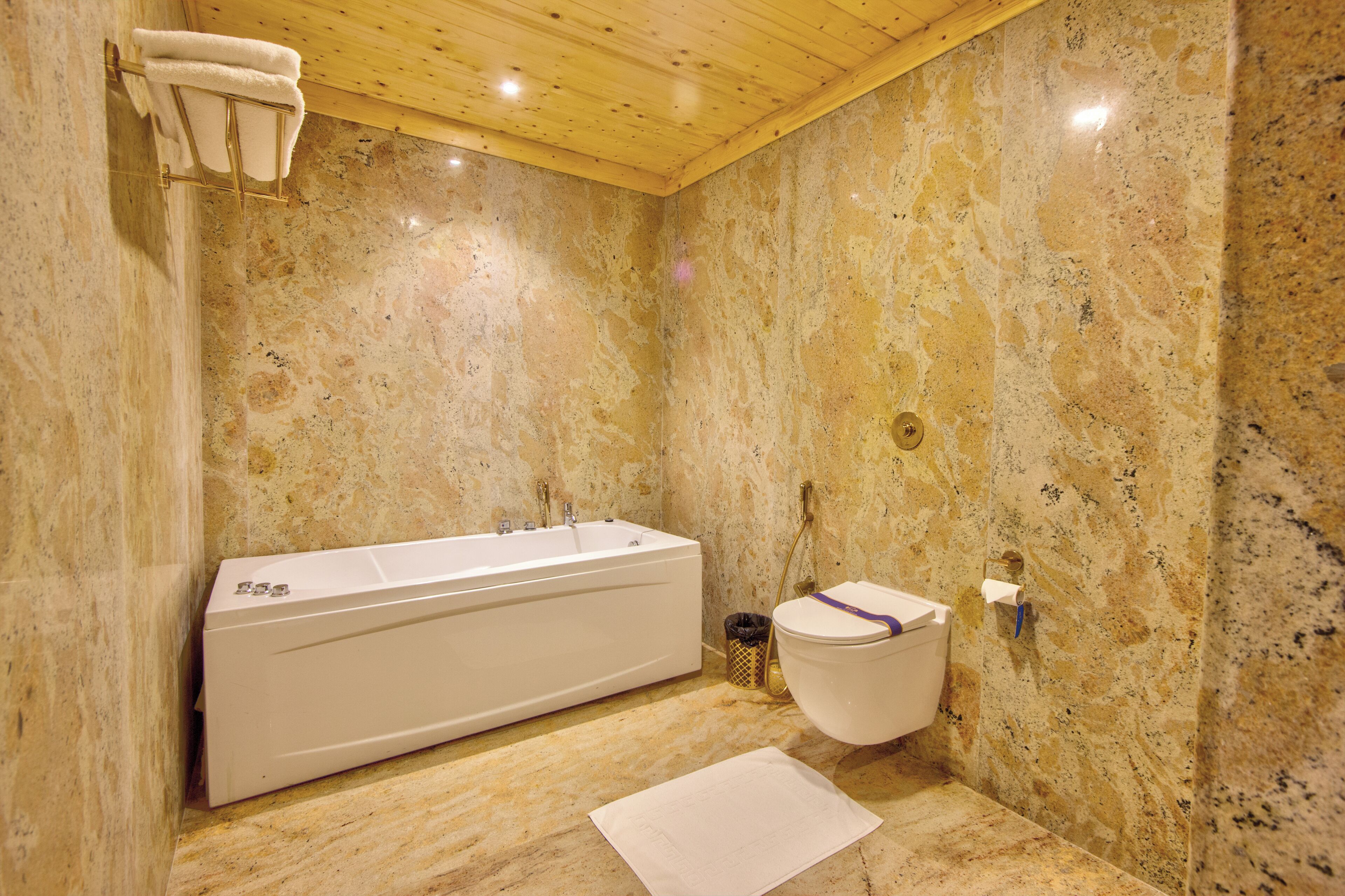 Un baño con una bañera grande, un inodoro y una pared de mármol.