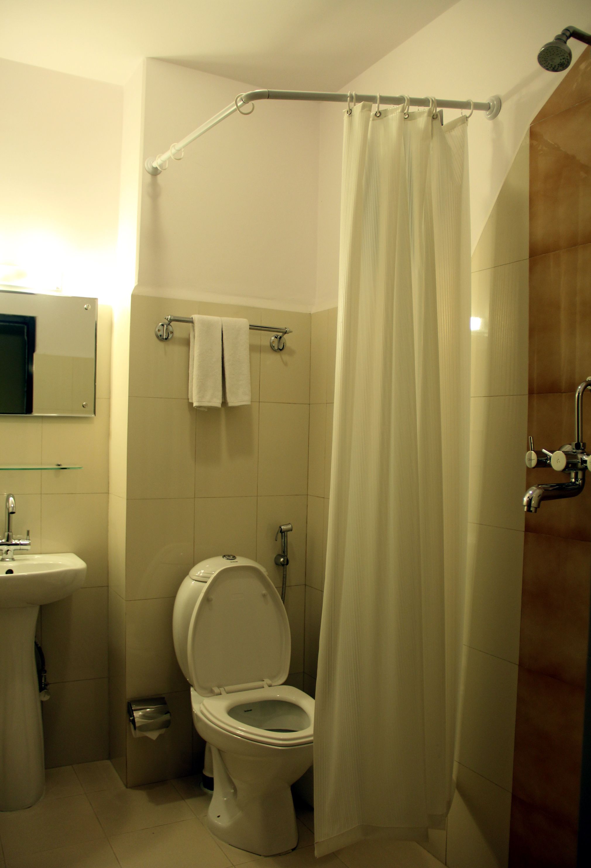 A bathroom with a toilet, sink, and shower curtain.