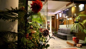 A modern interior with a glass partition, a sofa, and various potted plants. - Hotel Tara (Pokhara)