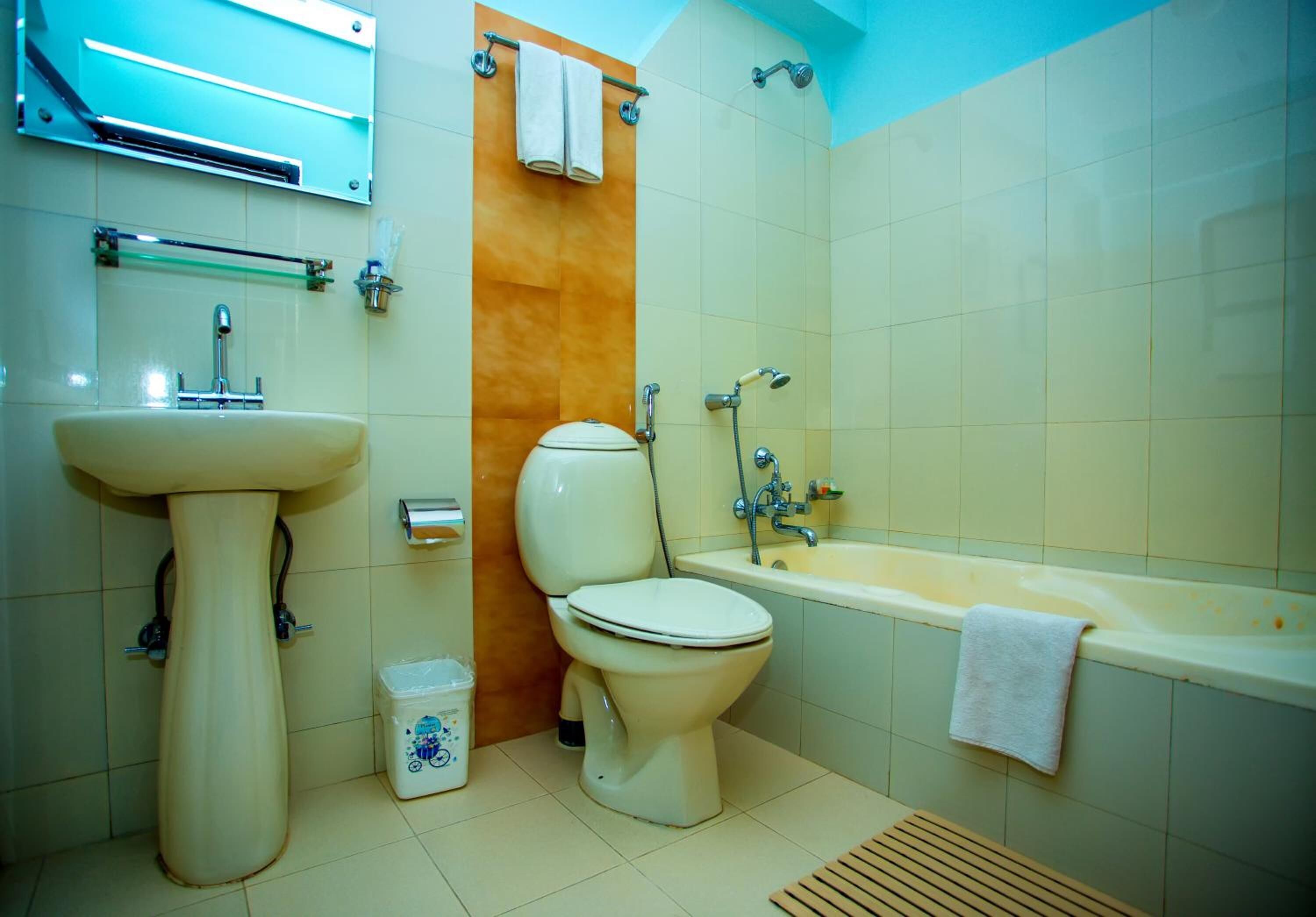 rainfall showerhead, free toiletries, slippers, bidet