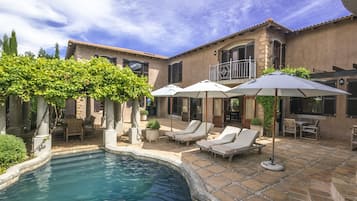 Outdoor pool, pool umbrellas, pool loungers