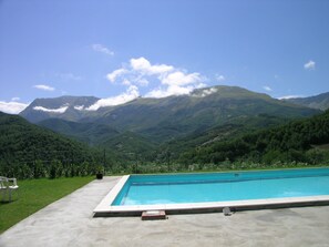 Seasonal outdoor pool, pool umbrellas, pool loungers