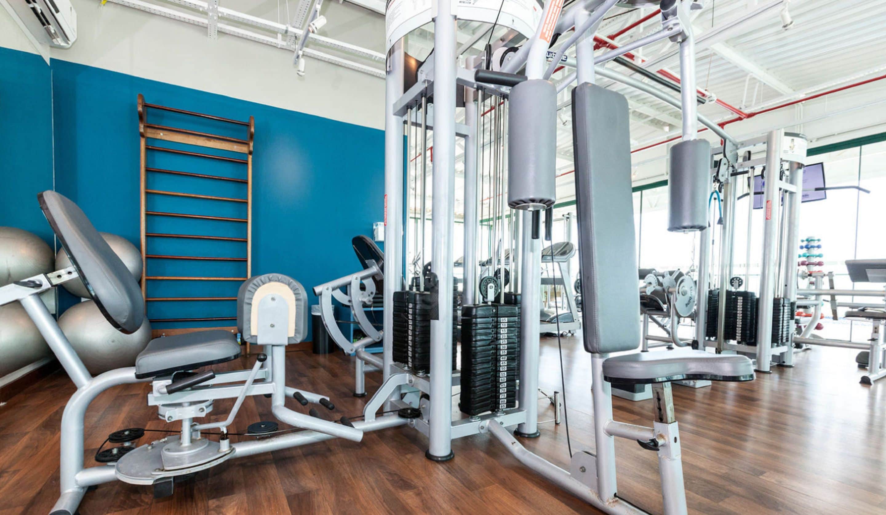 A gym with various exercise machines, a wooden ladder, and exercise balls.