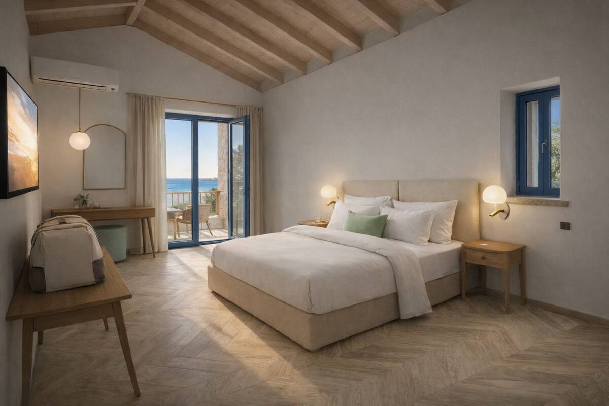 A bedroom with a large bed, a desk, a chair, and a view of the sea through a sliding door.