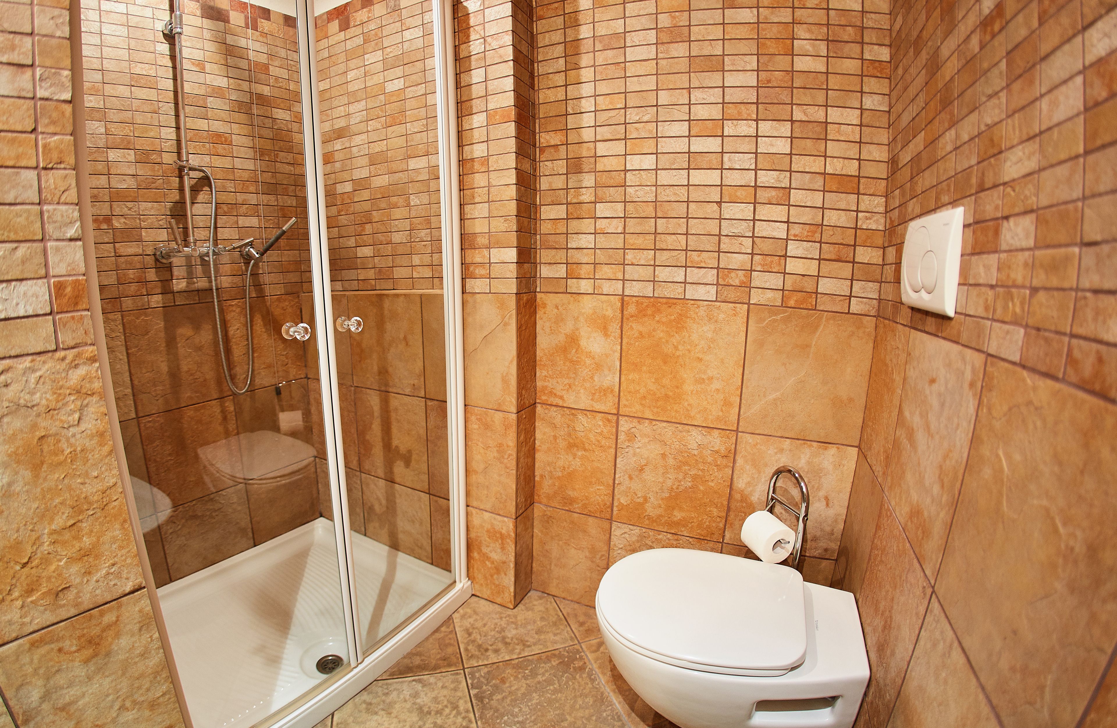 Une salle de bain dotée d’une douche à parois de verre, de toilettes et d’un porte-rouleau de papier toilette fixé au mur.