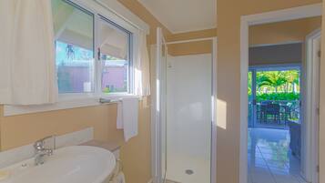 Shower, hair dryer, towels