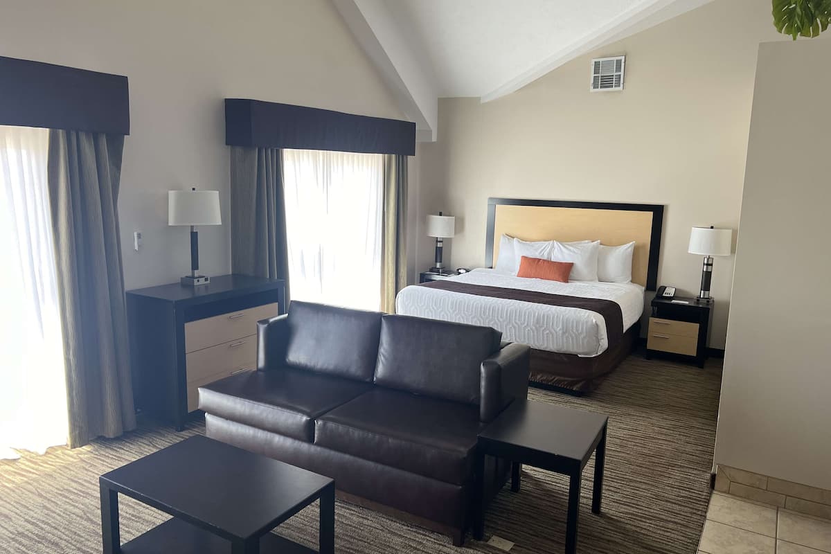 A hotel room with a bed, a sofa, a desk, and a chair.