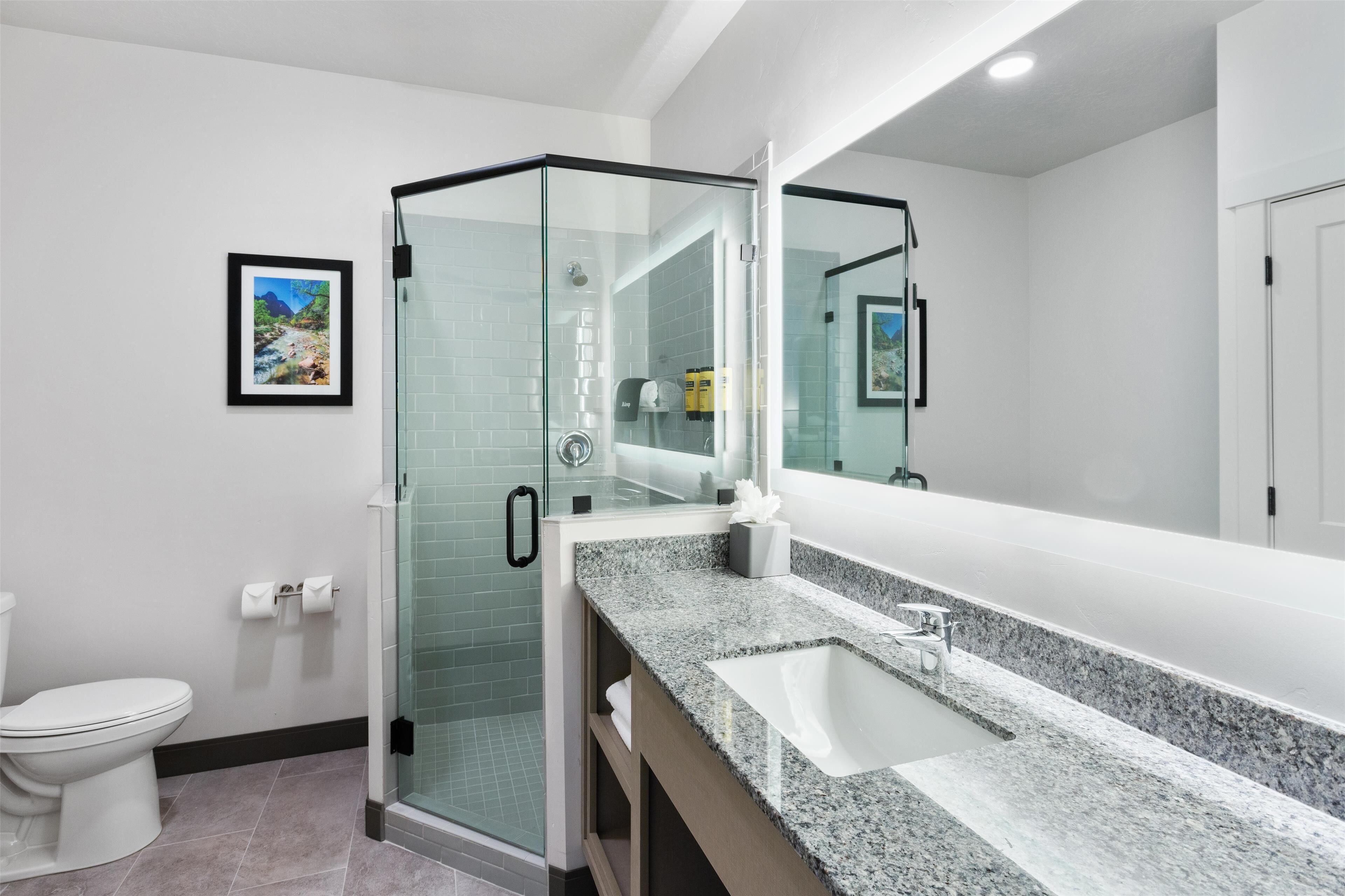 A modern bathroom with a glass-enclosed shower, a white toilet, and a granite countertop sink.