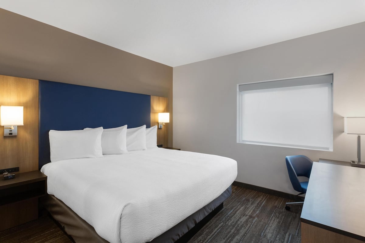 A hotel room with a large bed, two bedside lamps, a desk with a chair, and a window.