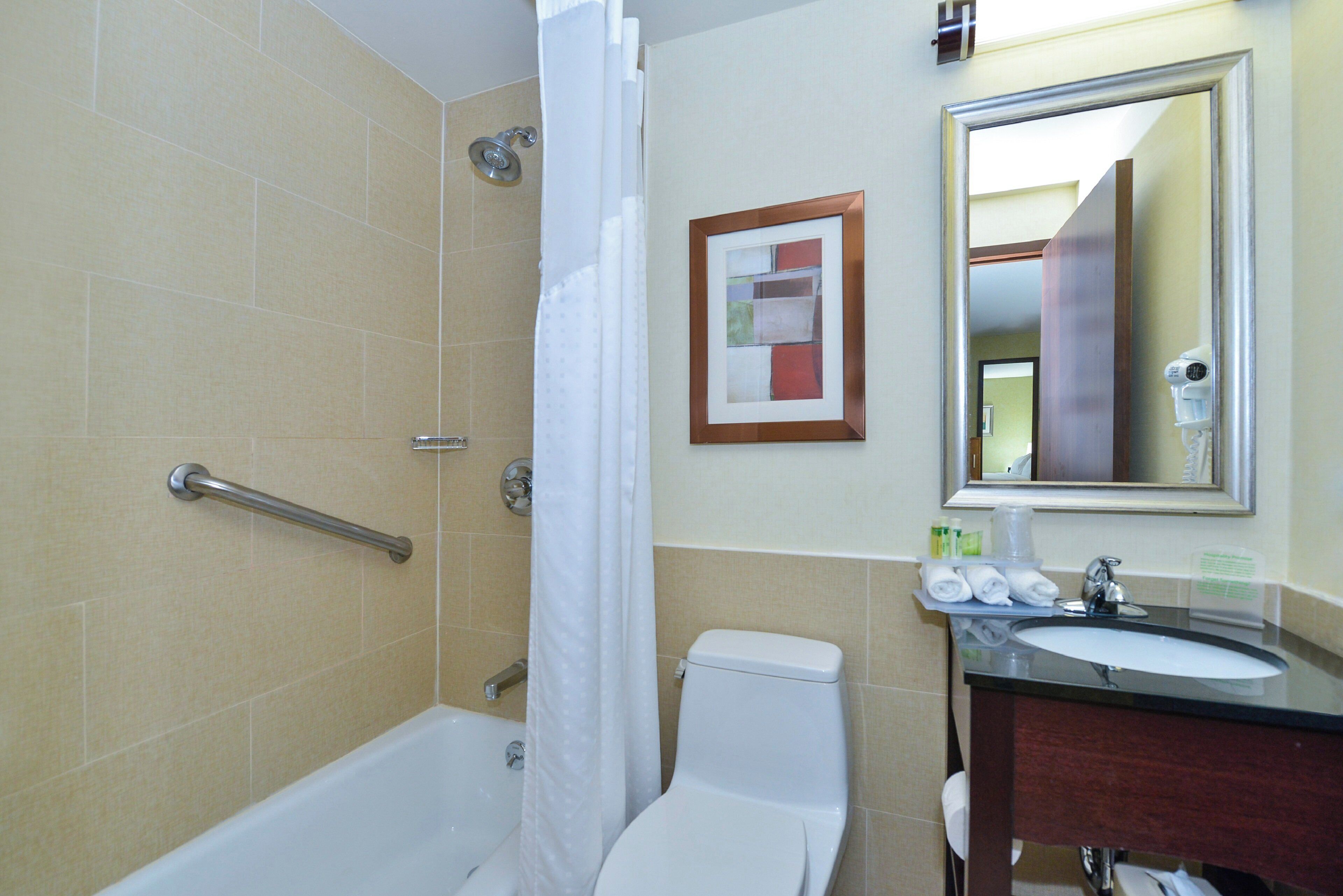 A bathroom with a shower, toilet, sink, and a framed picture on the wall.