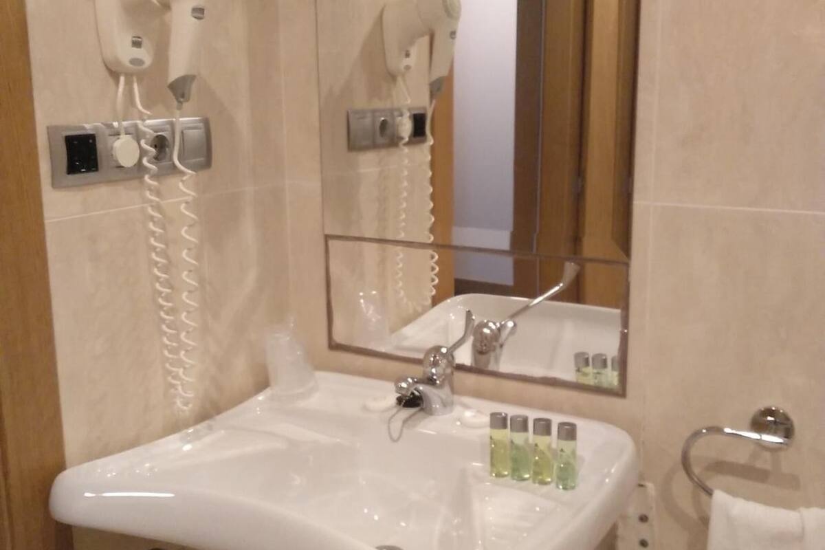 hair dryer, bidet, towels