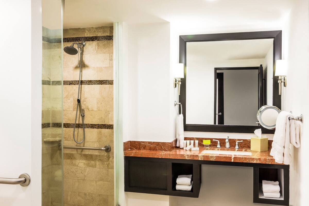 combined shower/bathtub, free toiletries, hair dryer, bathrobes