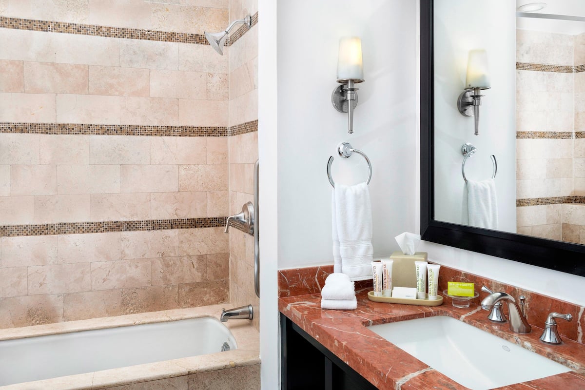 combined shower/bathtub, free toiletries, hair dryer, bathrobes