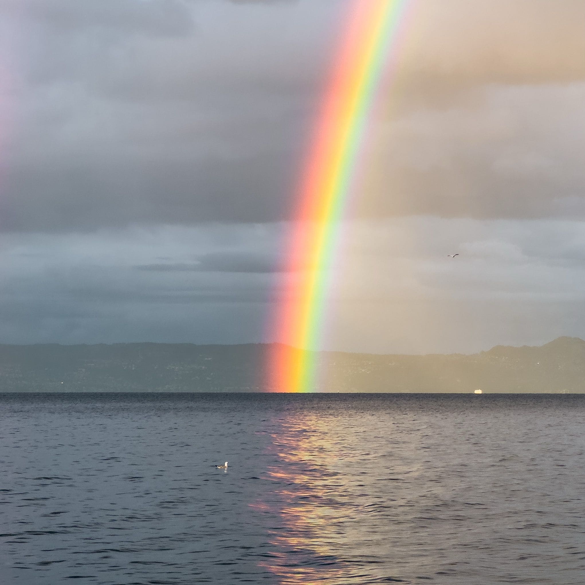 Un arc-en-ciel se déploie au-dessus d’une étendue d’eau, avec des montagnes en arrière-plan.