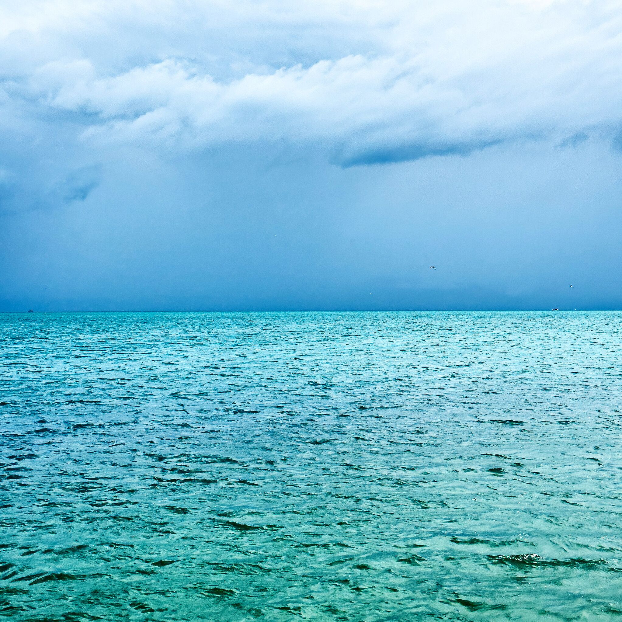 A calm sea under a cloudy sky.