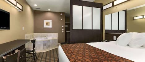 Bureau, rideaux occultants, fer et planche à repasser