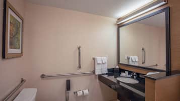 A bathroom with a toilet, bidet, handrails, a mirror, and a sink.