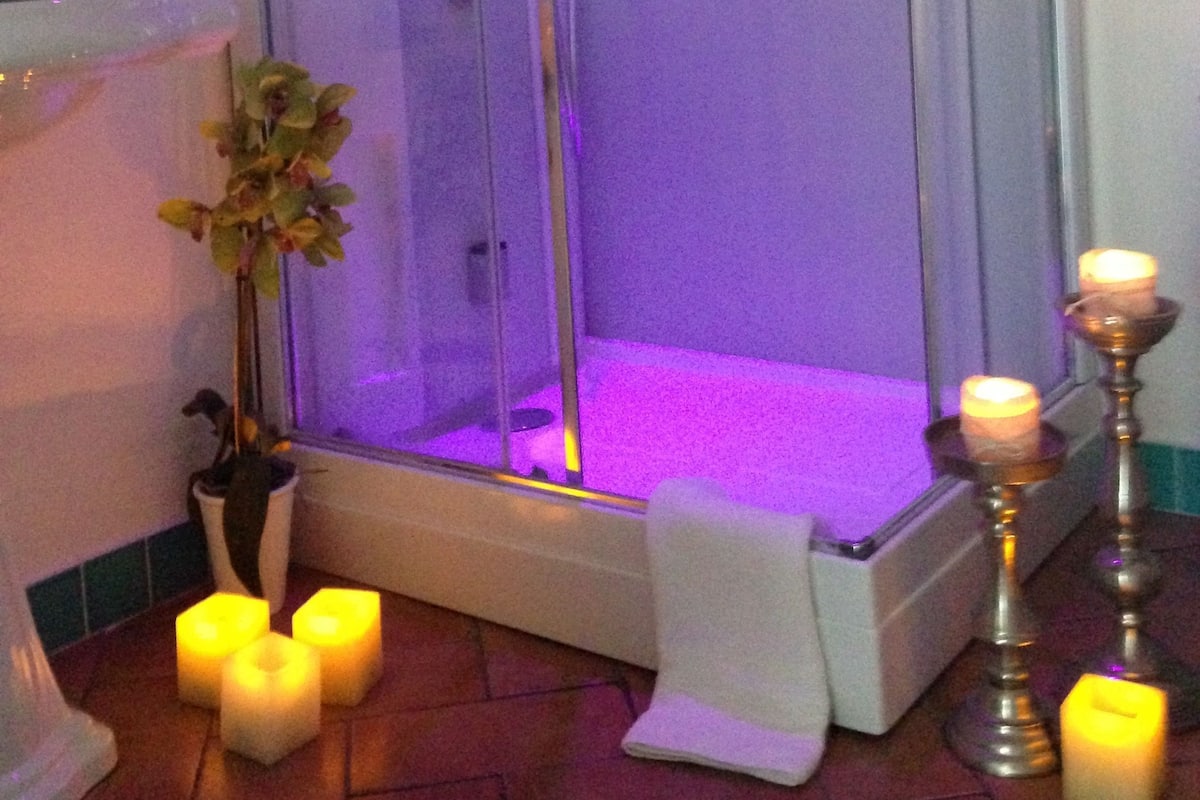 Ein modernes Badezimmer mit einer gläsernen Duschkabine, einem weißen Waschbecken und einer Zimmerpflanze.